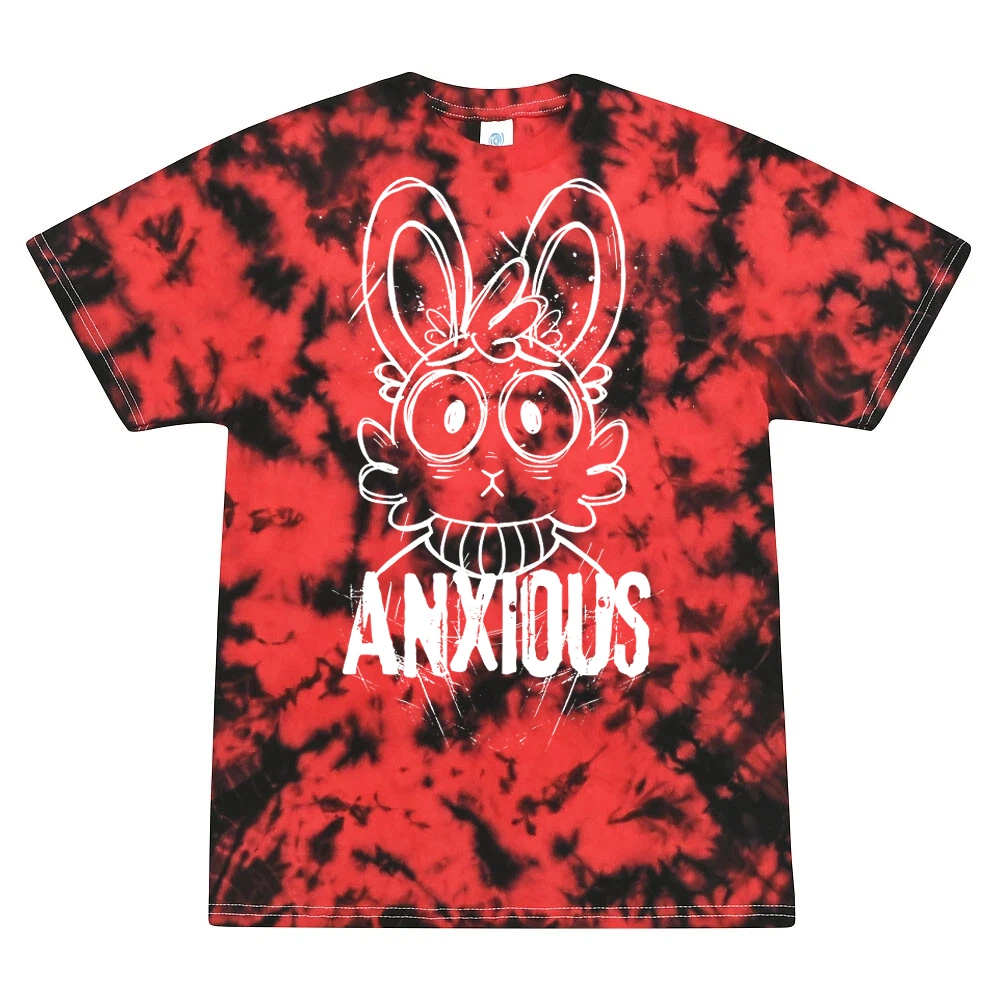 red and black tie dye t-shirt with a white rabbit outline and the word "anxious"